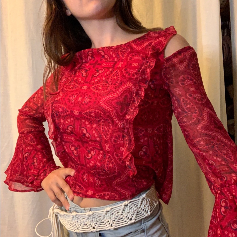 Bell Sleeve Cold-Shoulder Boho Patterned Blouse
